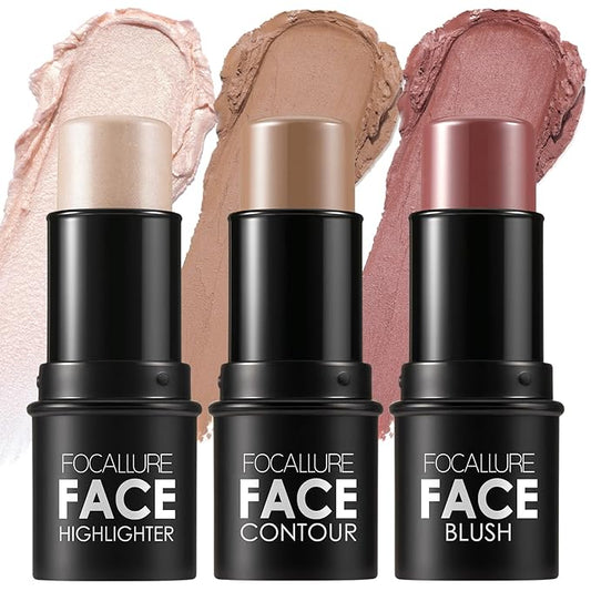 FOCALLURE 3PCS Cream Contour Stick - Highlighter Bronzer Blush Set for Face Sculpting, Non-Greasy Longwear Makeup, Easy to Blend with Natural Matte Finish,SET 8