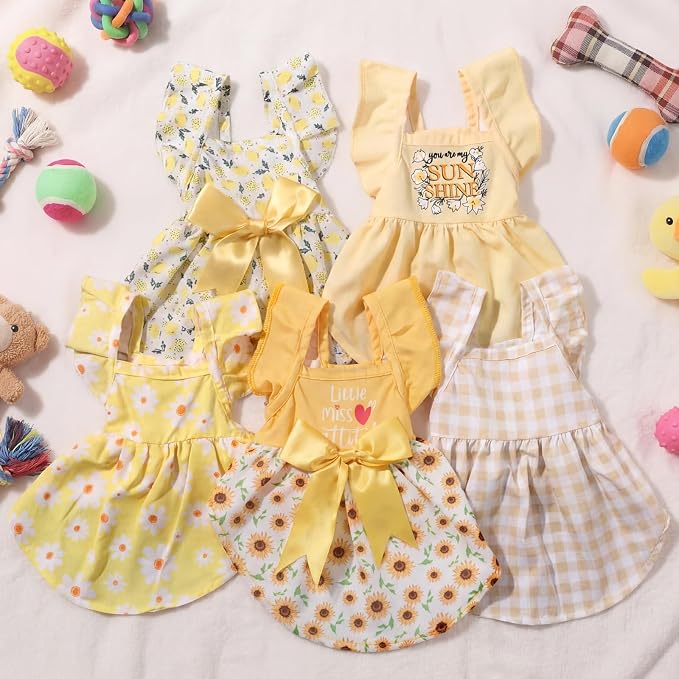 Abbylike 5 Pcs Large Girl Dog Dresses, Yellow Summer Pet Clothes, XL Size | Floral Daisy Lemon Princess Bowknot Plaid, Cute Breathable Soft Dog Skirts Outfits, for Large Cats Female, 11 to 13.2 Lbs