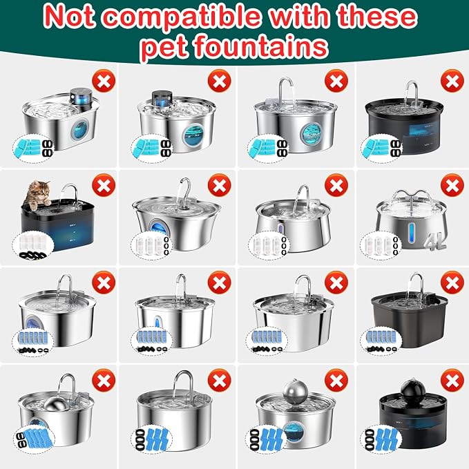 Cat Water Fountain Filter 32Pcs Fit 101oz/3L Stainless Steel Pet Fountain | Cat Fountain Replacement Filters for 67oz/2L, 108oz/3.2L Cat Water Fountains Pet Fountain Filters (16 Filters & 16 Sponges)