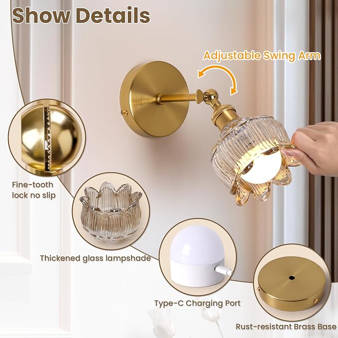 Vintage Battery Operated Wall Sconces: Set of 2 Rechargeable Wireless Decor | 5000mAh Cordless Dimmable Lights Remote Control, Antique Brass Powered Sconce, Cognac Flower Glass Light for Bedroom Bedside