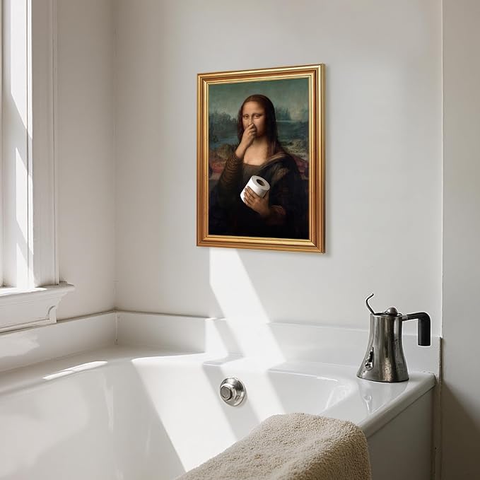 ICHZUMW Gold Framed Funny Mona Lisa Toilet Paper Canvas Wall Art, 12x16 In | Quirky Humorous Parody Painting Bathroom Wall Decor, Restroom Powder Room Guest Toilet, Fade Resistant, Ready to Hang