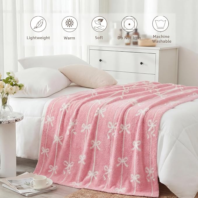 Soft Throw Blanket for Couch-Cozy Reversible Knitted Blankets | Lightweight Warm Fluffy Decor for Women, Mom, Her & Girls, Sofa, Chair, Bed, 50x60in, Pink Bow