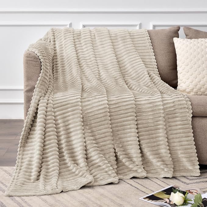 BEDELITE 3D Ribbed Jacquard Linen Fleece Twin Blanket for Bed, 60x80 Inch | Soft Warm Decorative Fluffy Blanket, Cozy Plush Lightweight Fuzzy Throw Blanket for Couch Sofa Room Decor, Gift for Women