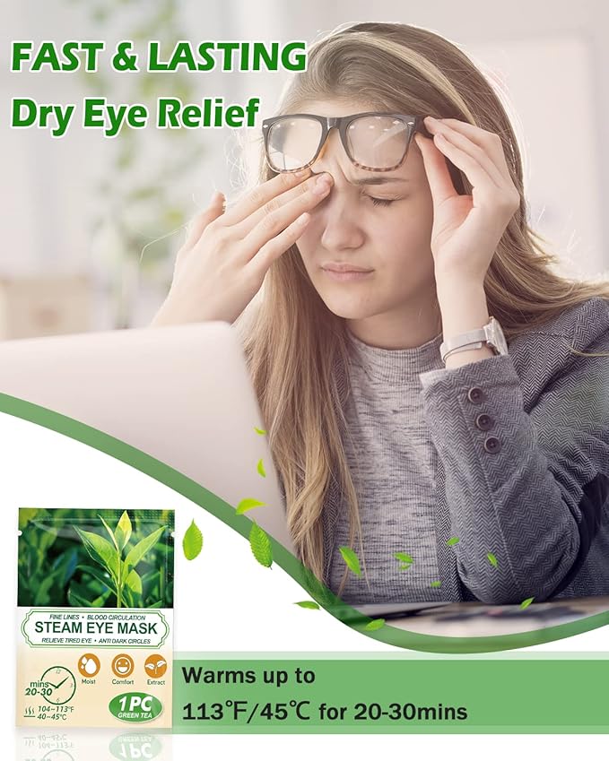 16 Packs Steam Eye Masks for Dry Eyes, Green Tea Warm Eye Mask, Relief Eye Fatigue & Puffy Eyes, Moist Heating Compress for Eyes, Self Heated Eye Mask, Disposable Travel Essentials & Relaxation Sets