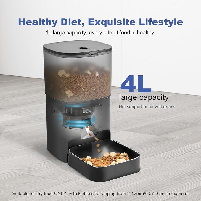 2.4G/5G Automatic Cat Feeder, 4L WiFi Food Dispenser with 10s Voice Recorder, Pet Feeder up to 10 Meals per Day, Timed Cat Feeder with Dry Food Sealed Ring