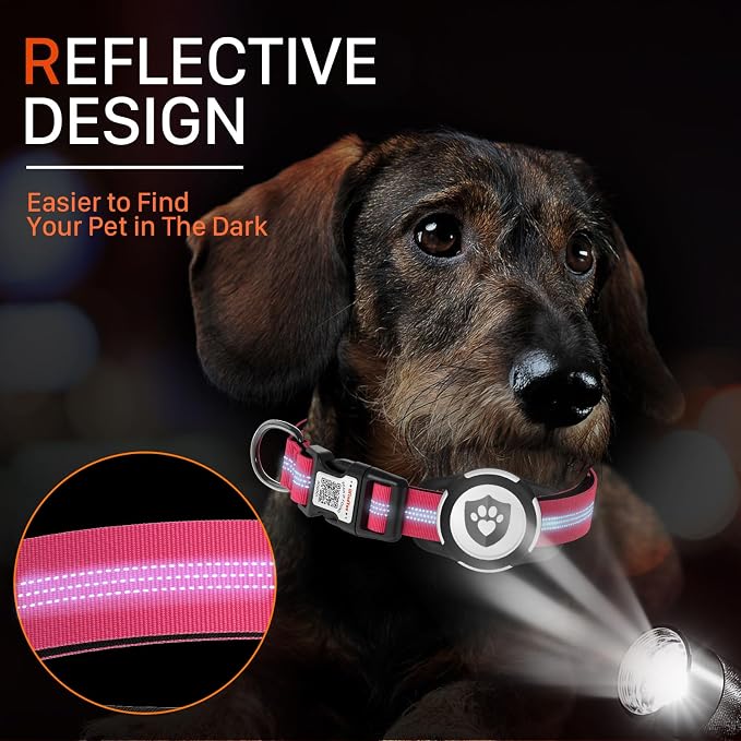 Waterproof AirTag Dog Collar with QR Code Dog Tag, Rose Red XS | IP68 waterproof, QR code dog tag, Anti-Lost, Online profile, fits XS-L (8"-26"), Padded nylon, Reflective, No App, No Fees