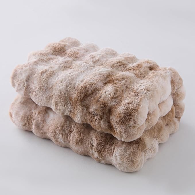 Super Comfort Oversized Warm Thick Bubble Luxury Plush Rabbit Faux Fur Throw Blanket, Fluffy Blanket,Soft Cozy Blanket for Couch Chair Bed Sofa Living Room (Tie-Dye Khaki, 60inX80in)