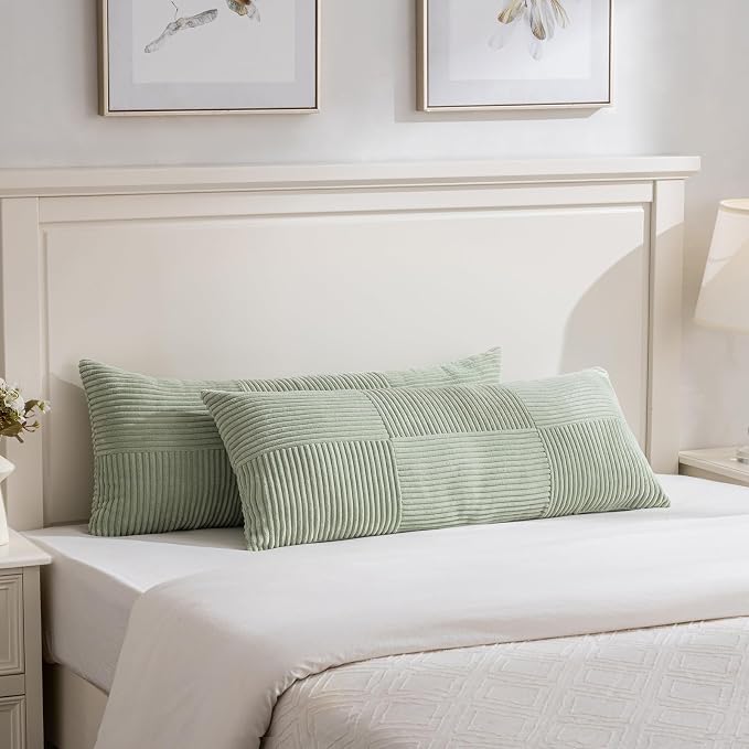 Fancy Homi Set of 1 Sage Green Boho Long Lumbar Body Decorative Throw Pillow Cover 14x36 Inch for Bed Couch Bedroom Bench, Soft Patchwork Corduroy Textured Pillow Case, Rustic Farmhouse Room Decor