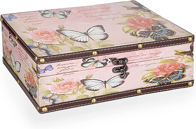 ELLDOO Butterfly Treasure Chest Box, Vintage Wooden Decorative Box | Treasure Storage for Jewelry Trinkets Photos, Rectangular Keepsakes box for Girls Women Gifts