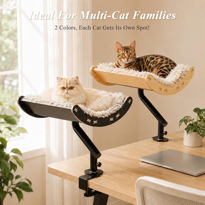 PEQULTI Desk Cat Bed, 360° Rotating Clamp-On Cat Hammock, Wood, Black | Clamps to desk edge (2.4", no drilling); holds 50 lbs; 360° rotating perch, 11.8" high; removable washable cushion