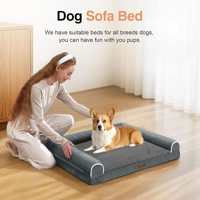 Orthopedic Dog Bed for Medium Dogs, 28 x 19 Inch, Dark Grey | Egg crate foam for joint support, 3-sided bolster pet sofa, waterproof lining, washable cover, and non-skid base