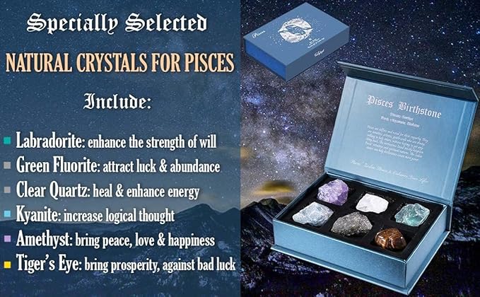 Faivykyd Pisces Crystals Gift, 6 Pisces Zodiac Natural Stones w/ 50 Miracle Mantras Affirmation Cards, Unique Healing Gift for Women Promoting Positive Energy, Self-Care, & Love