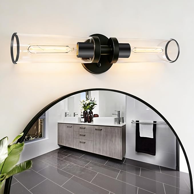Black Wall Sconces, Set of 2, 22'' Modern Vanity Lights Fixture for Bathroom with Clear Glass, Wall Sconces Lighting, for Living Room/Bathroom Hallway Mirror/Bedroom (Bulbs Not Included)