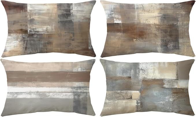 Set of 4 Abstract Throw Pillow Covers 12x20 Brown Tan Gray | Taupe Modern Abstract Art Decorative Cushion Covers, Neutral Pillow Cases for Sofa Couch Bedroom Living Room