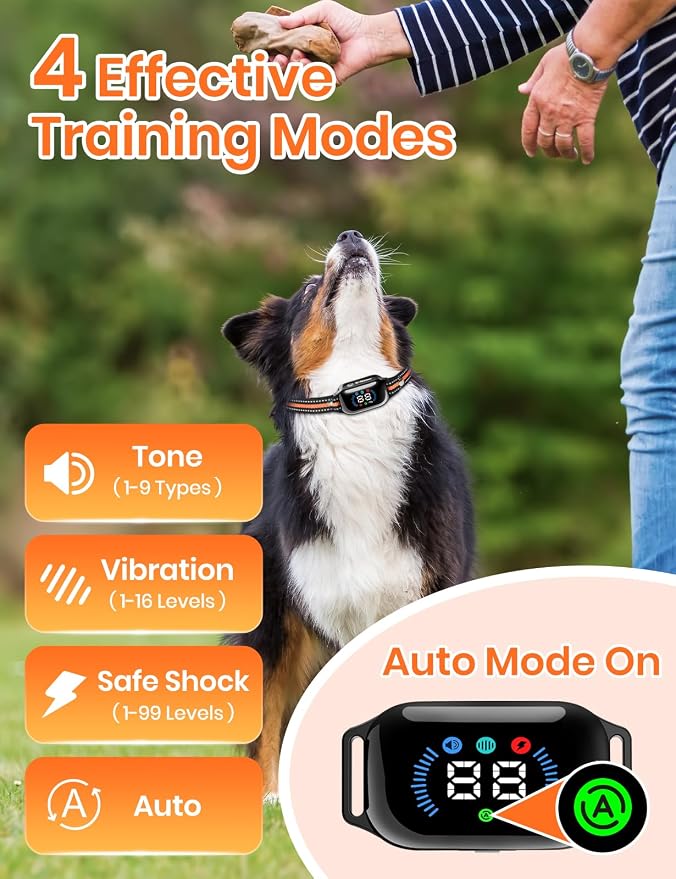 Smart 2-in-1 Dog Shock and Bark Collar - AI Anti-Misoperation | 3300FT Remote Training Collar, IPX7 Waterproof, 4 Modes (Tone, Vibration, Safe Shock, Auto Anti-Bark) for Dogs - Orange