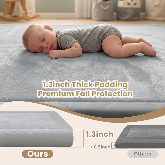 ACOMOPACK Baby Play Mat for Floor,1.3" Thick Elasti-Foam 59"×71" Non-Slip Water Repellent,Non-Toxic Playpen Mat for Infants Toddlers Kids, Ultra Soft Coral Velvet for Tummy Time Crawling（Light Grey）