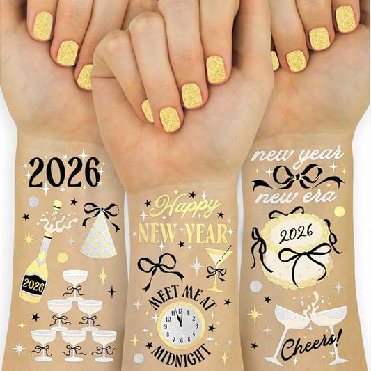 xo, Fetti New Year's Eve Temporary Tattoos - 40 design | 2026 Gold and Silver Foil, NYE Party Accessories, Photo Booth Favors, Glitter Stickers, Girls Night, Glam
