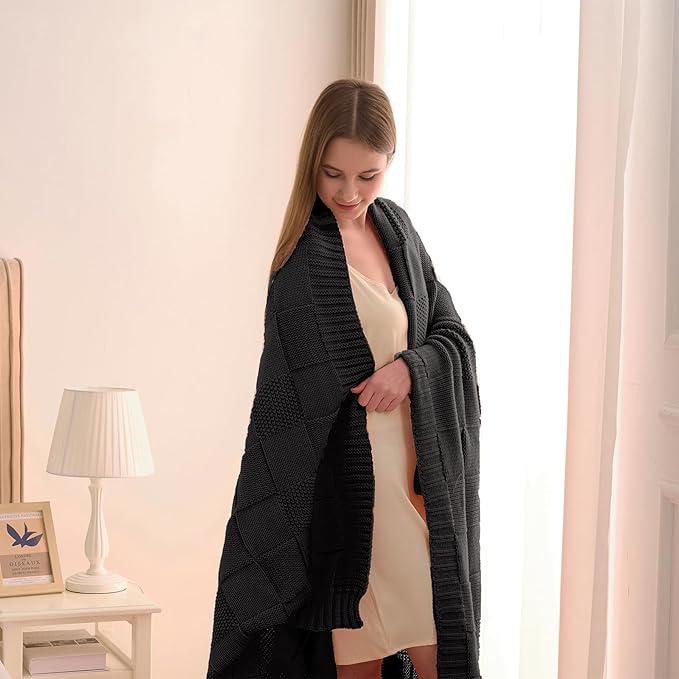 CozeCube Jet Black Knitted Checkered Throw Blanket 50"X60" | Check Knit Throw for Couch, Decorative Christmas Soft Cozy Warm Blanket for Bed Sofa Living Room