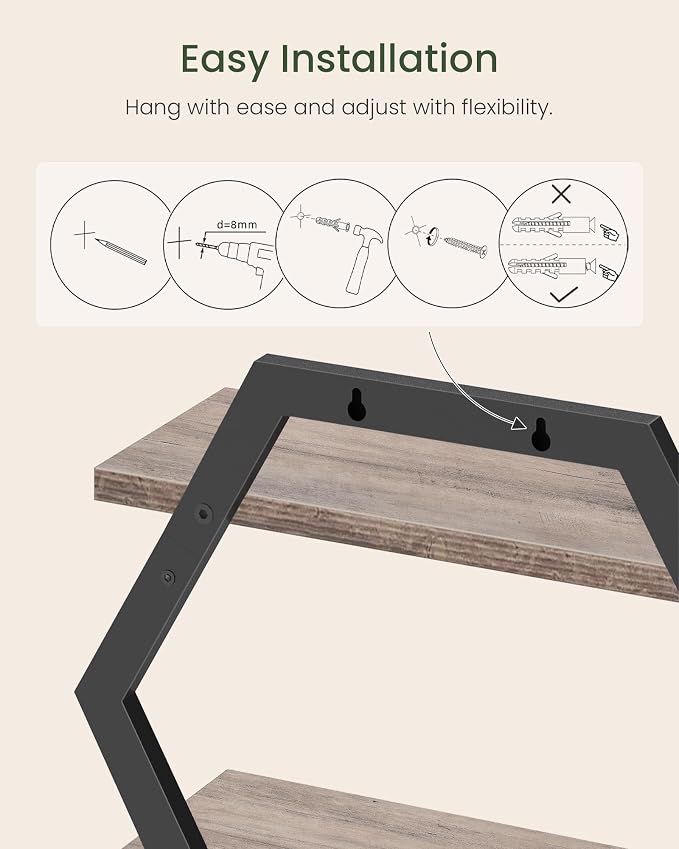 Hexagon Floating Shelves for Wall, Set of 2, 2 -Tier Hanging Shelves, Wall Mounted Storage Shelves, for Living Room, Bedroom, Kitchen, Home Office, Study, Greige TBJ06P2BG