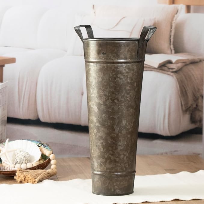 Galvanized Metal Floral Vases with Handles Set of 2 (Charcoal)