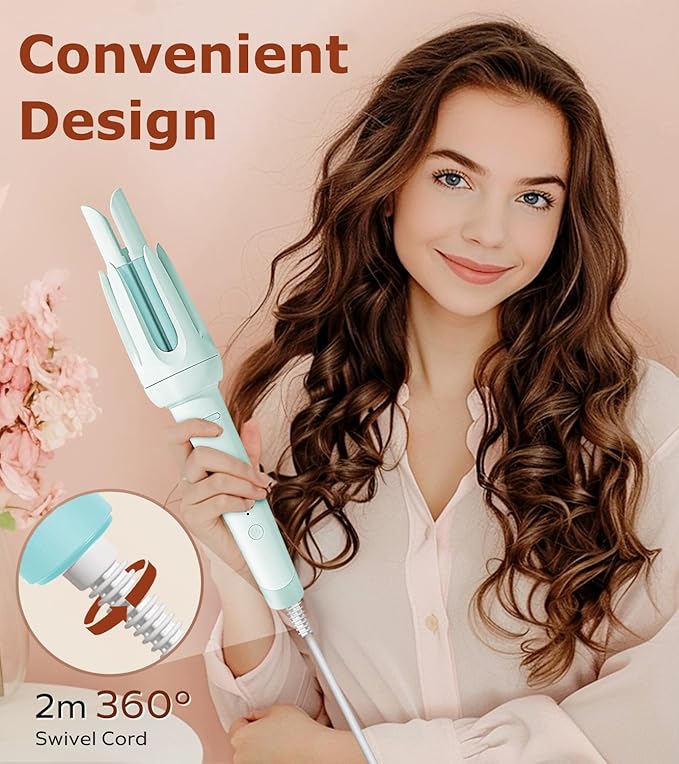 Auto Hair Curler, Automatic Curling Iron with 4 Temperature & 3 Timer, Automatic Shut-Off, Anti-Scald, Anti-Tangle Rotating Curling Wand for Hair Styling, Blue