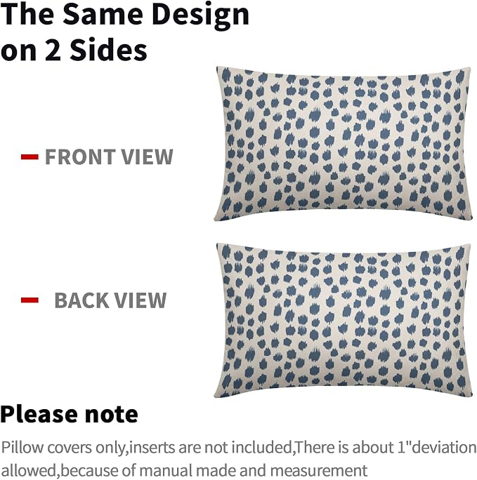 Dusty Blue Cream Pillow Covers 12x20 Set of 2 Boho Design Polka Dot Throw Pillows Modern Brush Strokes Print Decorative Outdoor Pillowcase Lumbar Cushion Cover Linen Pillow Case for Sofa Couch Bed
