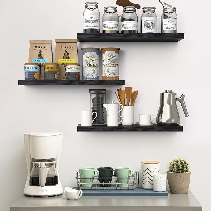 BAYKA Black Floating Shelves 22.5in, Set of 3, Wall Mount Rustic Wood Shelf | Easy Install, 22lbs Max Load, Hidden Bracket, for Bathroom Bedroom Kitchen Display Storage Decor, Multi-Wall Compatible
