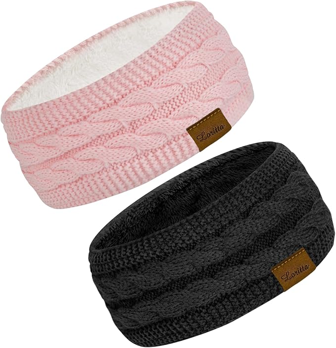 Loritta 2 Pack Headbands for Women Winter Warm Cable Knit Ear Warmer Thick Head Wrap Fuzzy Fleece Lined Gifts