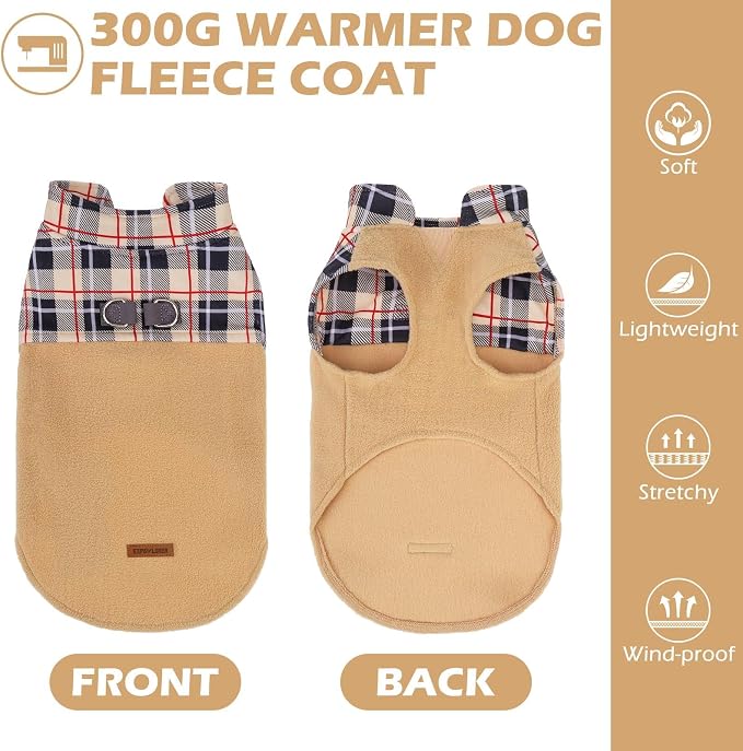 Fleece Dog Sweater for Small Medium Dogs - Classic Plaid Jacket, Doggie Winter Coat Vest with 2 D-Rings for Leash, Cold Weather Clothes, Pet Apparel,Sweatershirt for Boy or Girls