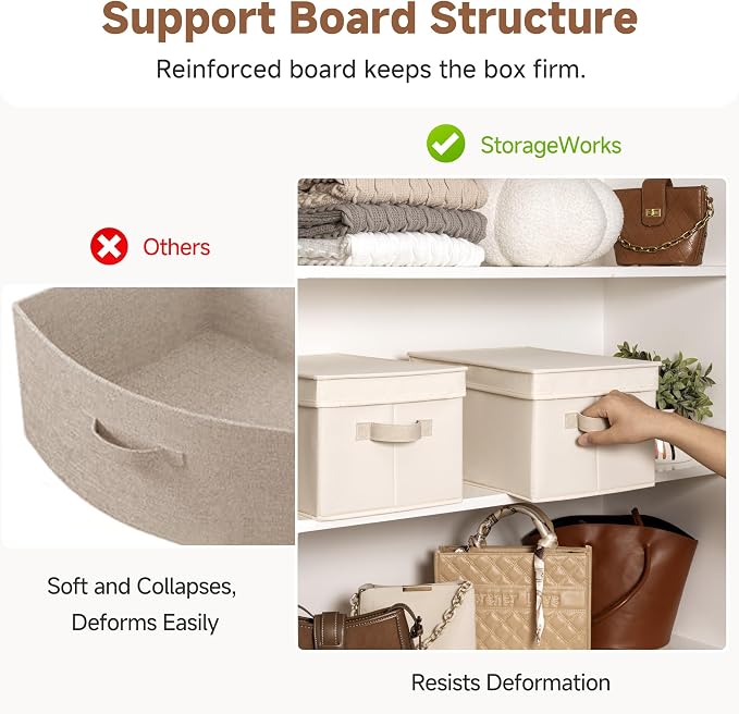 StorageWorks Storage Bins with Lids, Storage Basket with Lid, Closet Bins | Lidded Dust-proof, Easy Pull Handles, Foldable, Stackable, Ideal for Clothes Blanket Towel, Large, Cream White, 3-Pack