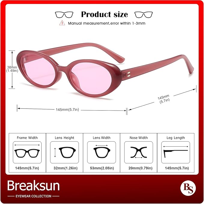 Breaksun Retro Oval Sunglasses for Women Men Fashion Small Oval Sunglasses 90s Vintage Shades
