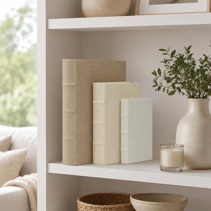 Decorative Book Boxes Set of 3, Linen Storage, 13" | Living Room Decor, Bedroom Decor, Office Decor, Bookshelf Display, Coffee Table, Farmhouse, Rustic, Vintage Style