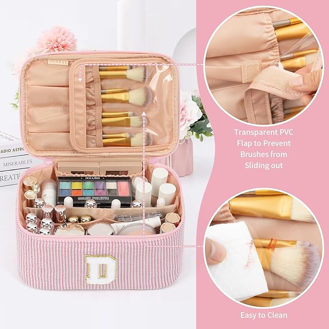 OCHEAL Makeup Bag Valentines Day Gifts for Women, Monogram Cosmetic Bag Pink Travel Makeup Case Beauty Toiletry Bag Organizer Personalized Gifts for Girls Bridesmaid, Sister, Wife, Friends Initial D