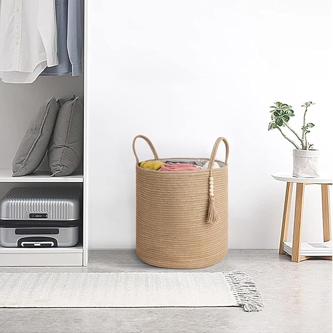 Mkono Woven Storage Basket for Blanket, Toys Plant Organizer, 15"W x 17.7"L | Brown, Jute, Decorative Basket with Handle, Wood Beads Tassel, Shoes Towel Clothes Storage Bin, Living Room Bedroom Nursery