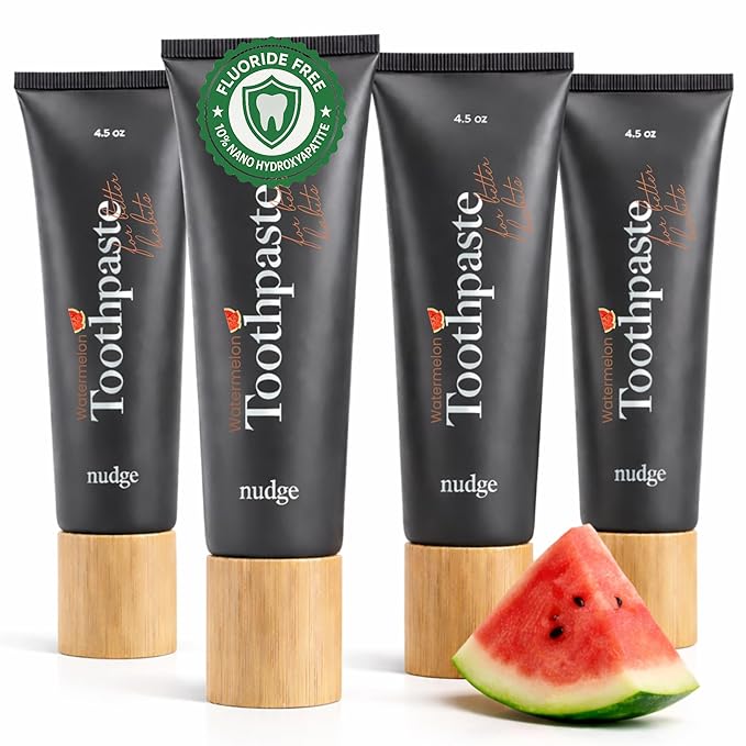 Nudge 10% Nano Hydroxyapatite Toothpaste, Remin+™ with Vitamin E, Fluoride-Free, SLS Free, Helps Remineralize Enamel, Supports Dry Mouth Relief and Sensitive Teeth, Watermelon, 4.5 oz (Pack of 4)