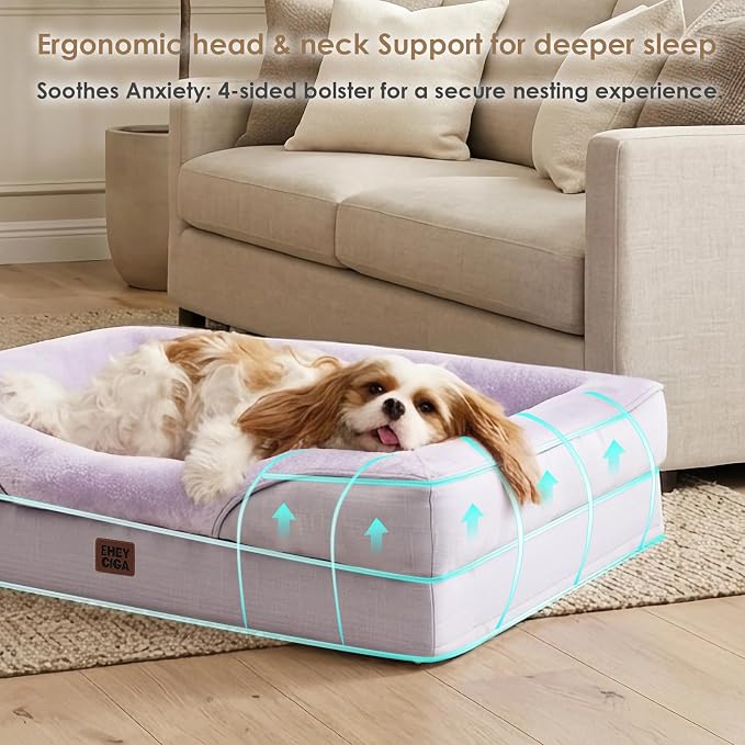 EHEYCIGA Orthopedic XL Dog Bed for Large Dog, Memory Foam Dog Couch, Purple | 48x35 Inch Extra Large Sized Dog Sofa with Sides, Waterproof Liner & Washable Removable Cover, Bolster Pet Couch
