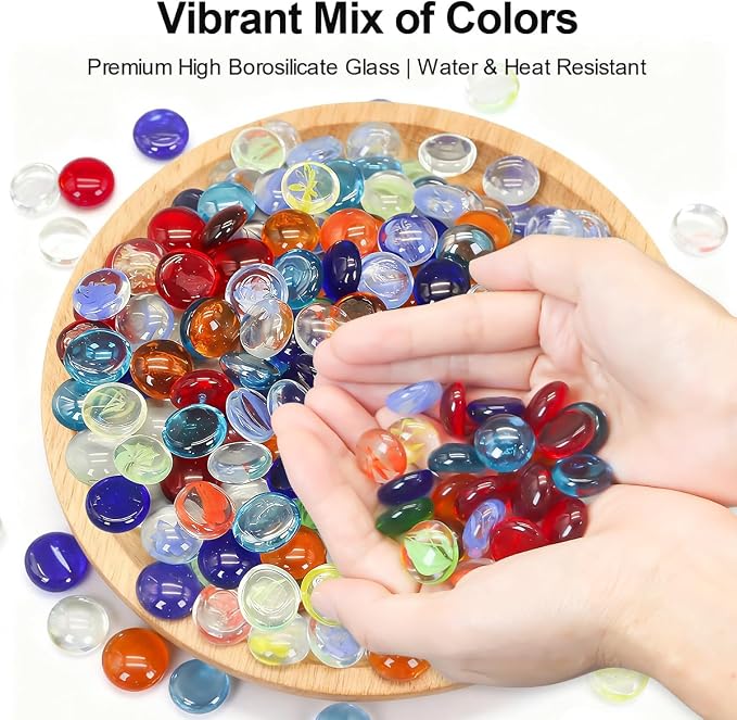 Mixed Gemstone Flat Bottom Glass Beads for Vase, Aquarium & Fish Tank | Mixed Color Decorative Stone Vase Fillers for Planter, Crafts, Home Art Decoration (Colorful, 2 Pounds)