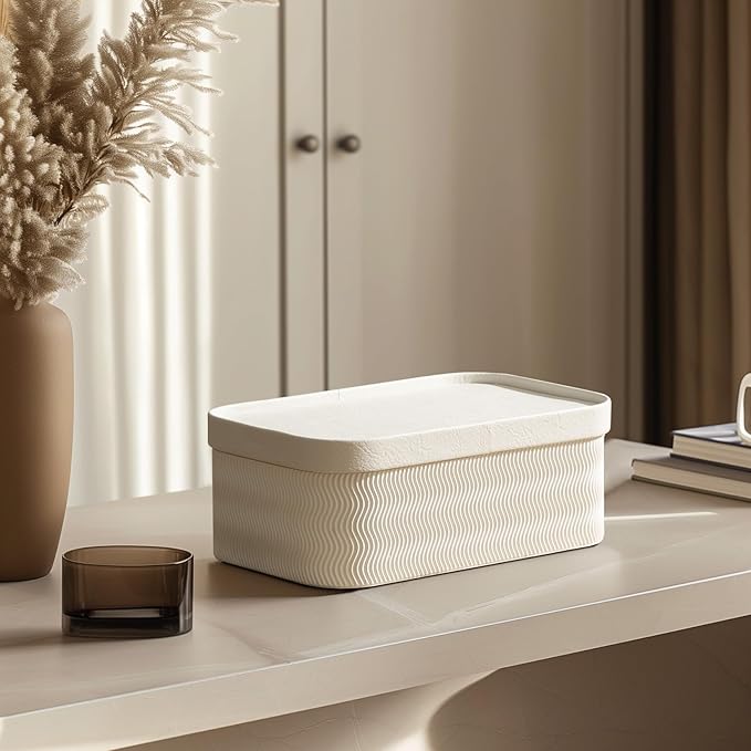LA JOLIE MUSE Decorative Storage Boxes with Lids Faux Leather, White 3 Pack | Vegan Leather Lids, Fluted Cardboard Storage Basket, Organizer for Jewelry, Shelves, Bedroom & Closet Storage Memory Box