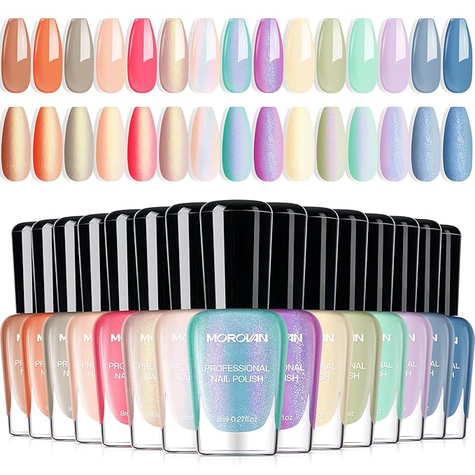 Morovan Pearl Nail Polish Set: Spring Pastel Glitter Mermaid Iridescent Polish 2026 Mini Shimmer Pink Green Blue Nude Coral Cream Summer Manicurist nail polish for Women Girls Gift