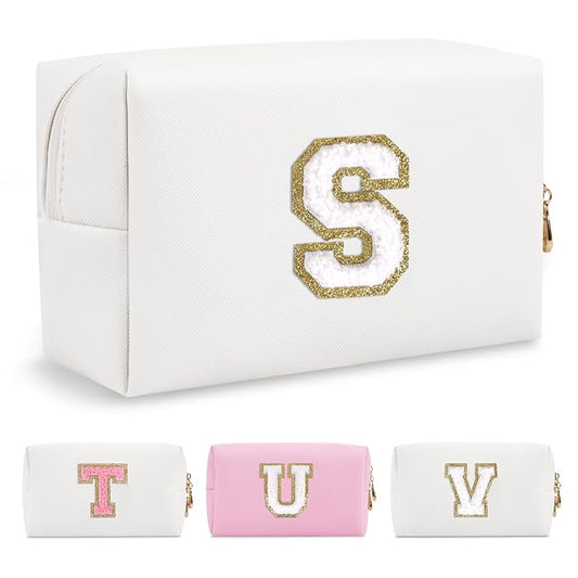 Small Personalized Initial A-Z Preppy Patch Makeup Bag,White PU Chenille Letter Travel Cosmetic Pouch with Zipper,Cute Toiletry Bag,Gift Ideal for Teen Girls Women Teacher Bridesmaid,Letter S