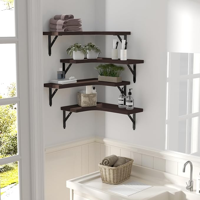 ROMGUAR CRAFT Corner Floating Shelves Wall Mounted Set of 4, Rustic Wood Storage Display Shelves for Home Decor, Bathroom, Kitchen, Bedroom, Living Room, Office (Brown)