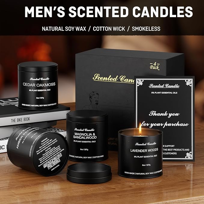Men’s Scented Candles Set – Soy Wax Aromatherapy Candles for Men, Masculine Scented Candles with Essential Oils, Long Lasting Strong Scent, Luxury Gift Candles for Men,Dad,Him (31oz)