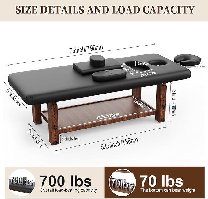 Olela Wood Adjustable Massage Table, Stationary Massage Tables with Adjustable Height Legs & Storage, Esthetician Bed with C-Shaped Pillow & PU Leather for Spa, Massage, Physical Therapy, Treatment