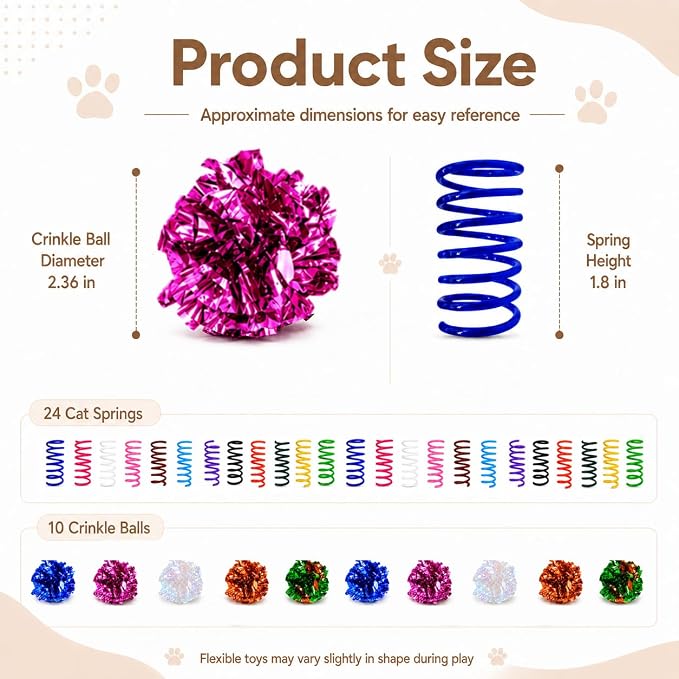 Cat Toys for Indoor Cats, 10 Crinkle Balls & 24 Colorful Springs