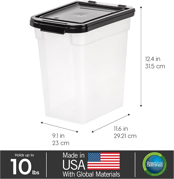 IRIS USA Dog Food Storage Container, Up to 10 lbs, Clear/Black, Made in USA