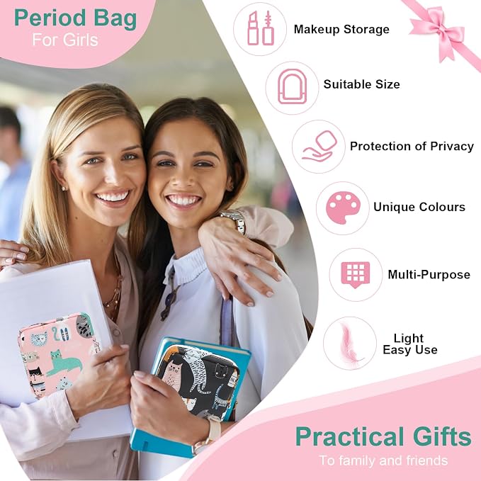 Sanitary Pad Storage Bag Portable Period Bag for Teen Pads/Sanitary Napkins/Small Tampons, Sanitary Napkin Storage Bag First Period Gifts for Teen Girls (Bowknot Heart)