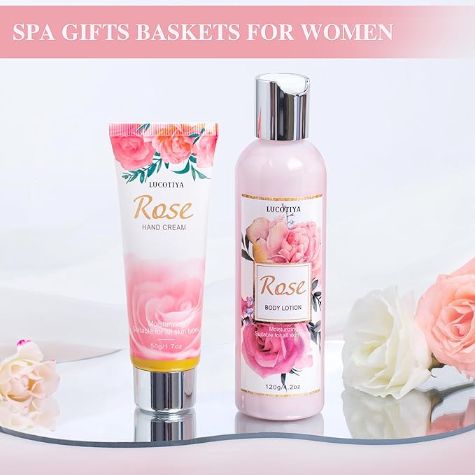 Gifts for Women, Happy Birthday Gifts for Women, Mothers Bath and Body Gift for Woman with Unique Rose Self Care Gift, Home Spa Gift Basket for Mom, Girlfriend, Sister, Female Friends, Coworker