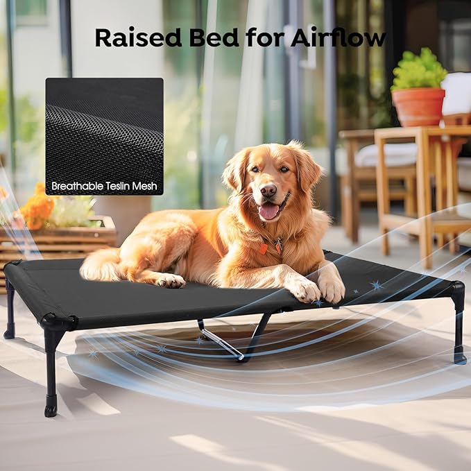 Veehoo Outdoor Elevated Dog Bed with Waterproof Bolster Cushion, Cooling | Raised Dog Bed with Removable & Washable Mat Topper, Breathable Mesh, Dog Couch Cot for Indoor Outdoor, 49", Large, Black