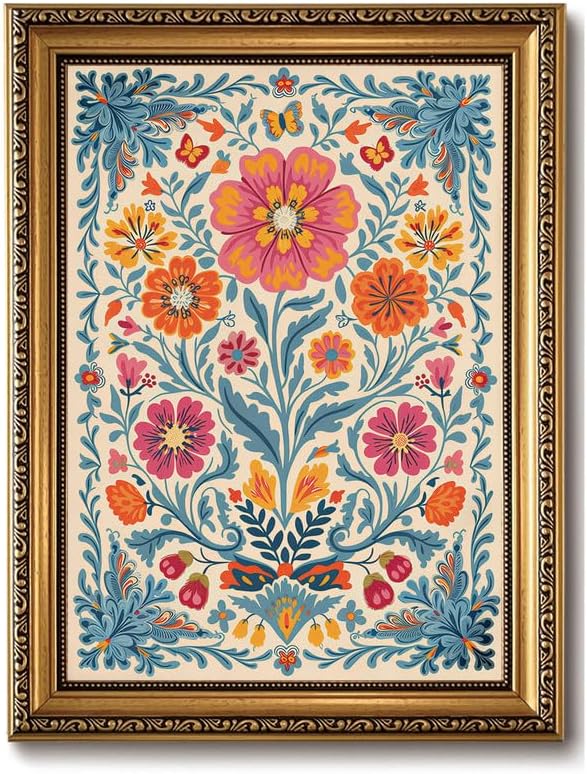 Mexican Folk Gold Framed Wall Art Vintage Floral Butterfly Wall Decor Art | Colorful Botanical Pictures Canvas Art Maximalist Small Framed Prints Artwork Vanity Bedside Tables Bookshelf Gallery Wall