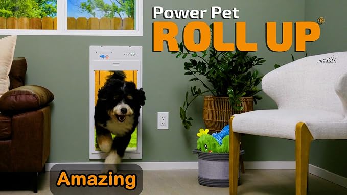 Power Pet Roll Up - Dependable Smart Dog Door, Automatic Pet Collar Operation with or Without App-High Security, Safe, Air Tight and Weatherproof, Space Saving Modern Design (Wall Mount, Large)